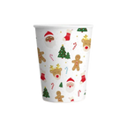White Christmas paper cup with festive designs trees Santa and gingerbread from Parte Haus party supply store in Bethesda MD.