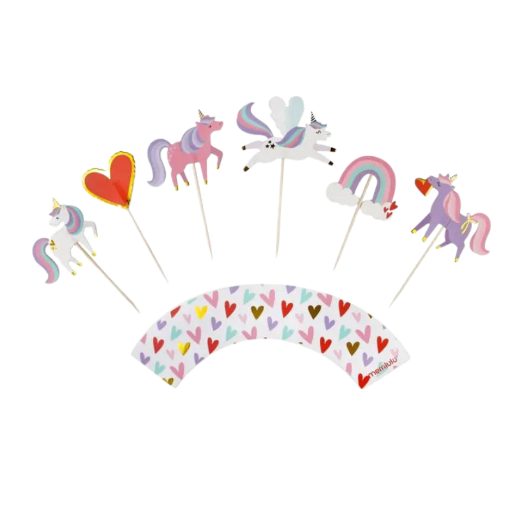 Colorful unicorn and heart cake toppers and wrapper Valentine birthday theme from Parte Haus party supply store in Bethesda MD