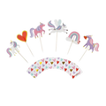 Colorful unicorn and heart cake toppers and wrapper Valentine birthday theme from Parte Haus party supply store in Bethesda MD