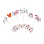 Colorful unicorn and heart cake toppers and wrapper Valentine birthday theme from Parte Haus party supply store in Bethesda MD