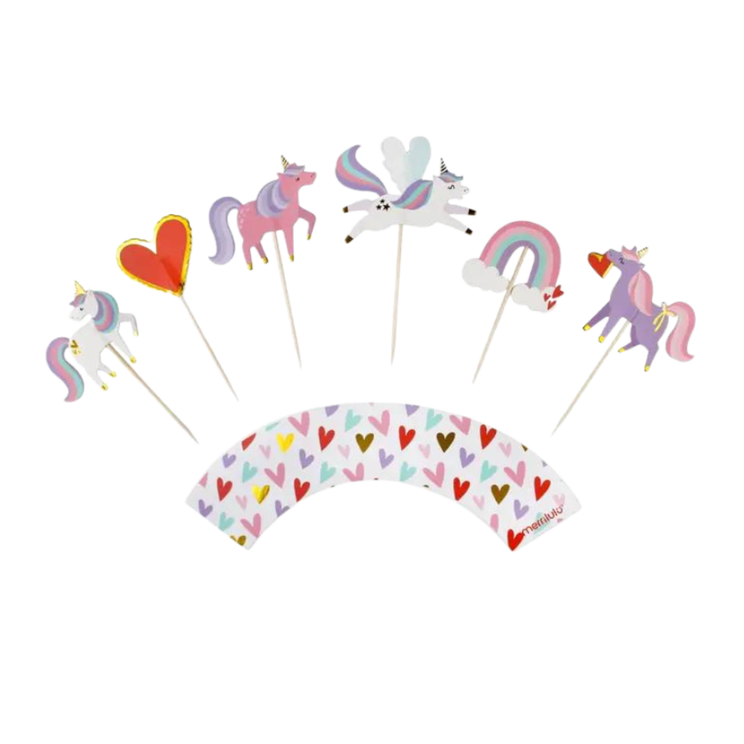 Colorful unicorn and heart cake toppers and wrapper Valentine birthday theme from Parte Haus party supply store in Bethesda MD