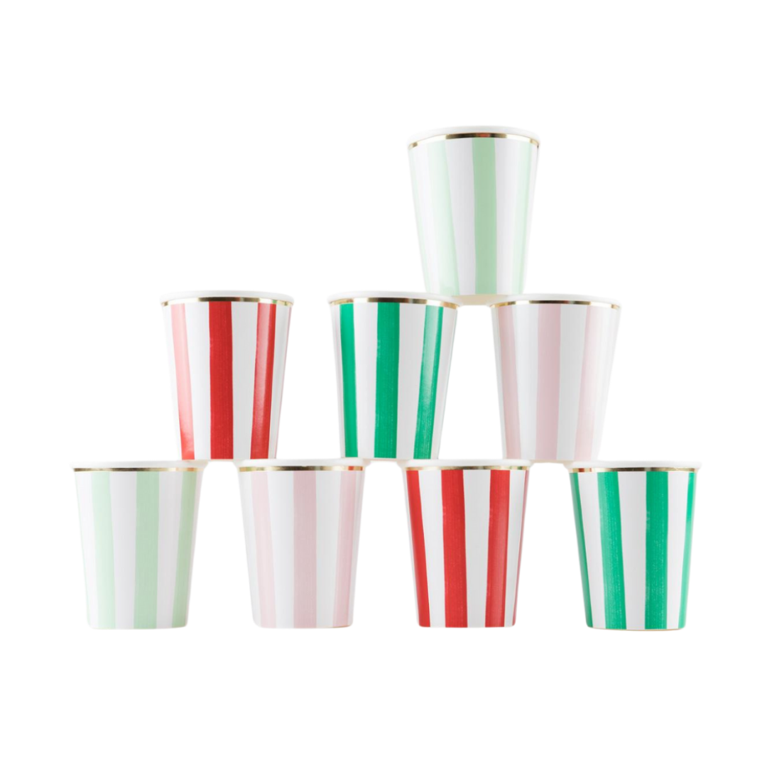 Red green and white striped cups with gold trim for holiday celebration from Parte Haus party supply store in Bethesda MD