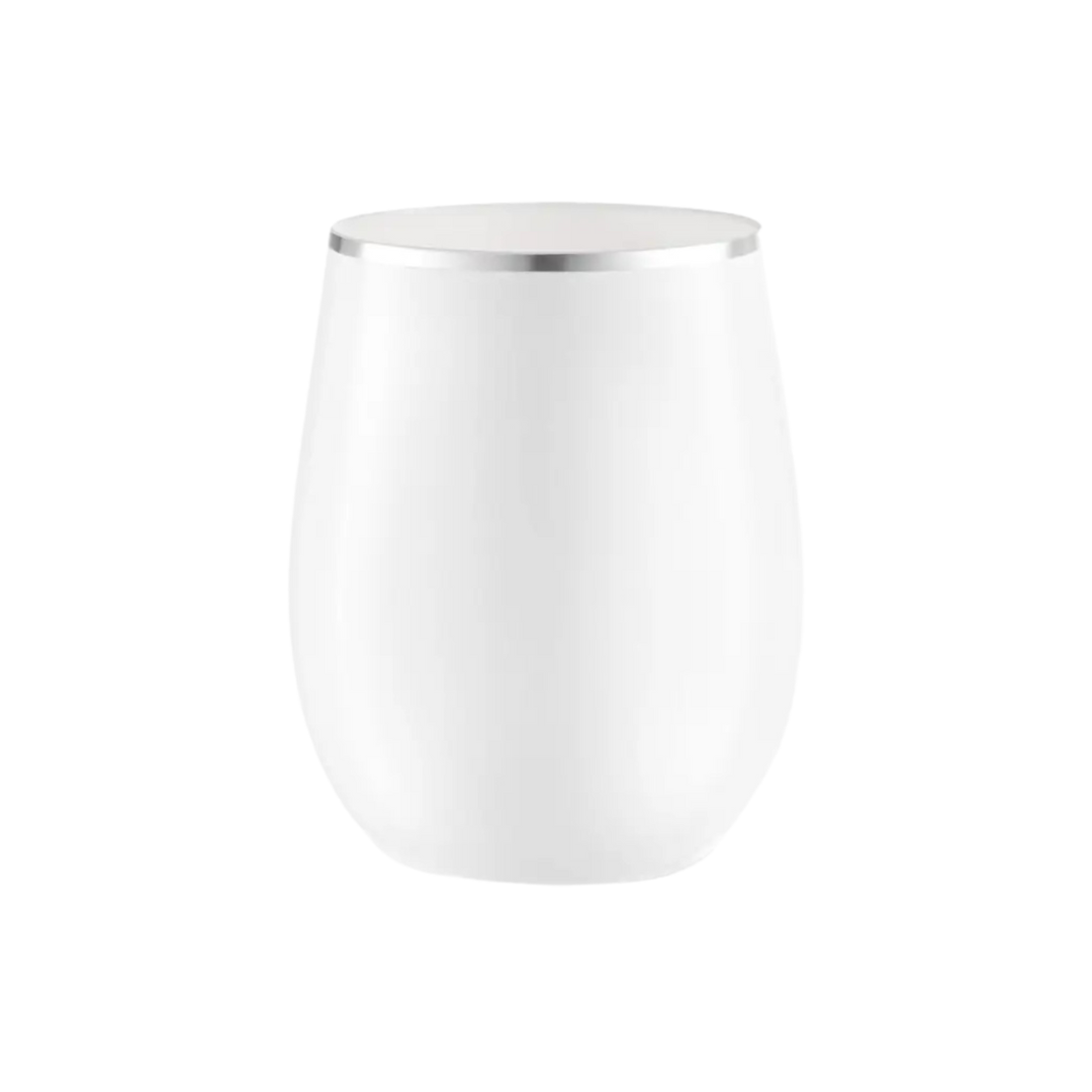 White stainless steel wine tumbler with silver rim for celebration from Parte Haus party supply store in Bethesda MD