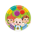 colorful kids plate featuring cartoon children with balloons birthday theme from Parte Haus party supply store in Bethesda MD