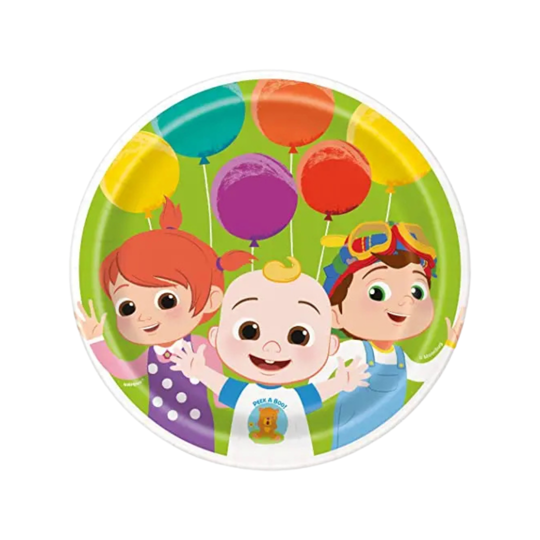 colorful kids plate featuring cartoon children with balloons birthday theme from Parte Haus party supply store in Bethesda MD
