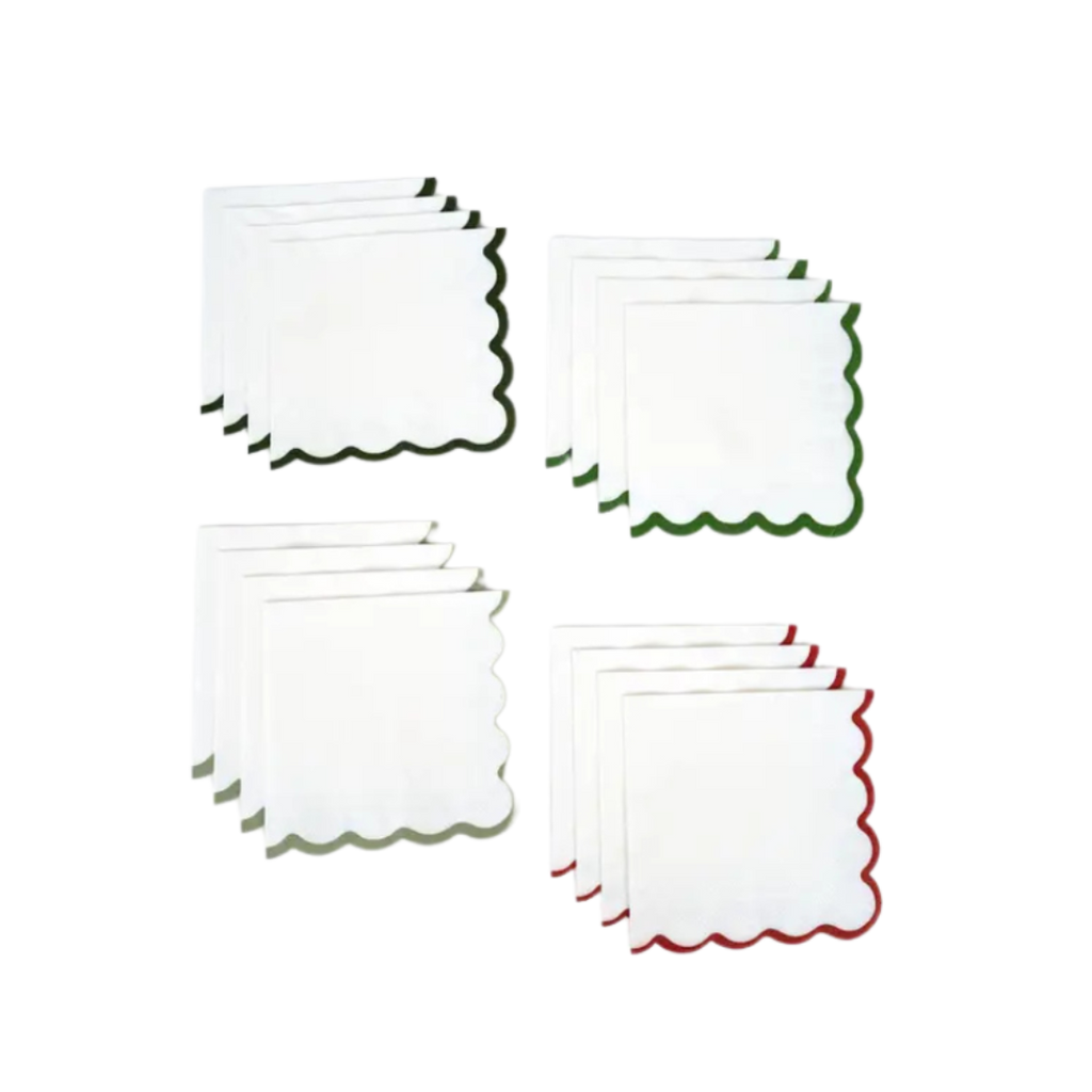 Red and green scalloped napkins square edges for holiday gathering from Parte Haus party supply store in Bethesda MD