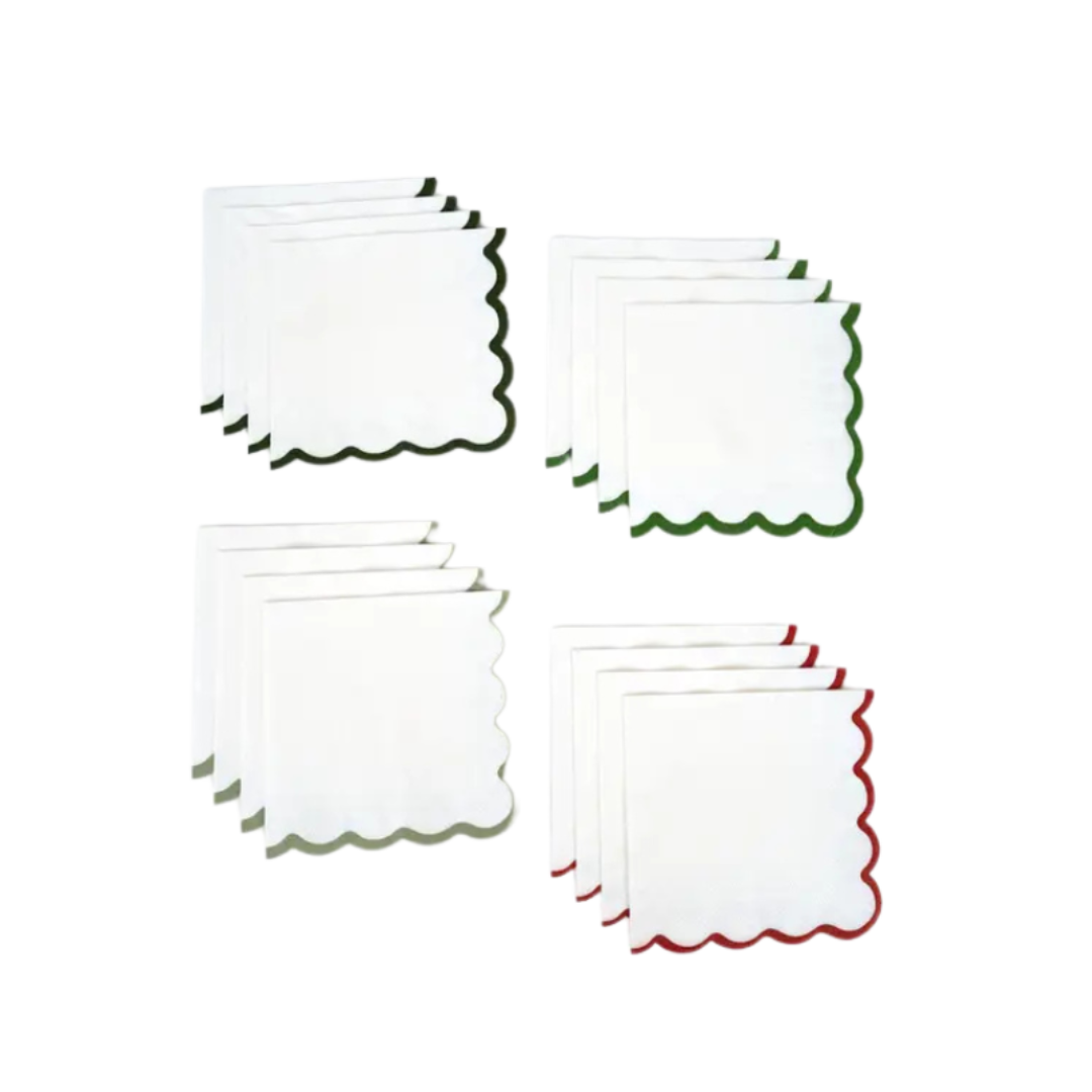 Red and green scalloped napkins square edges for holiday gathering from Parte Haus party supply store in Bethesda MD