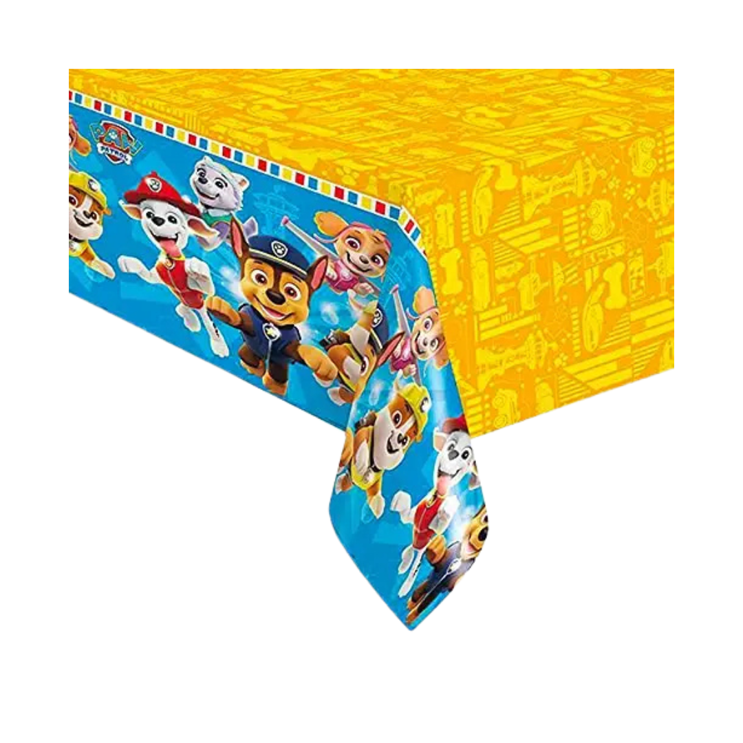 Yellow and blue Paw Patrol table cover with character print for kids birthday theme from Parte Haus party supply store in Bethesda MD