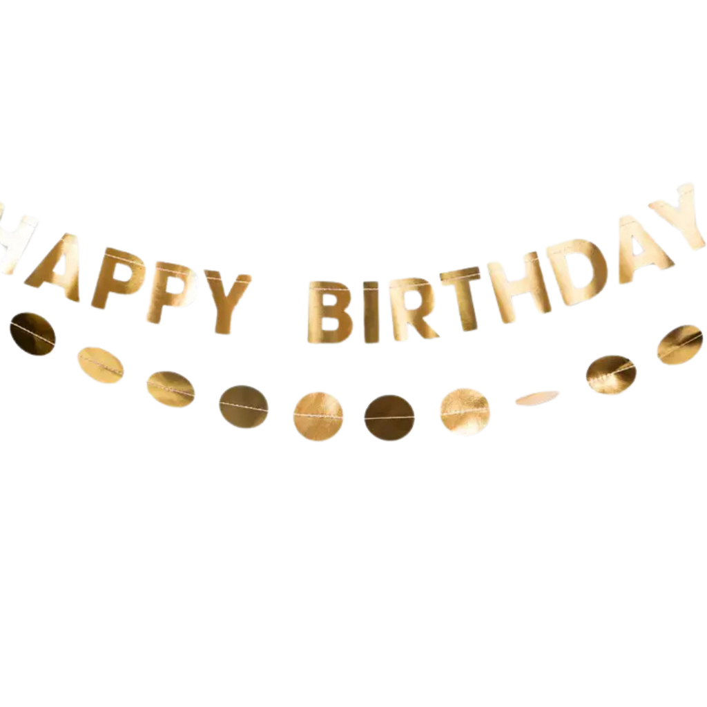 Gold happy birthday banner metallic letter garland for birthday from Parte Haus party supply store in Bethesda Maryland