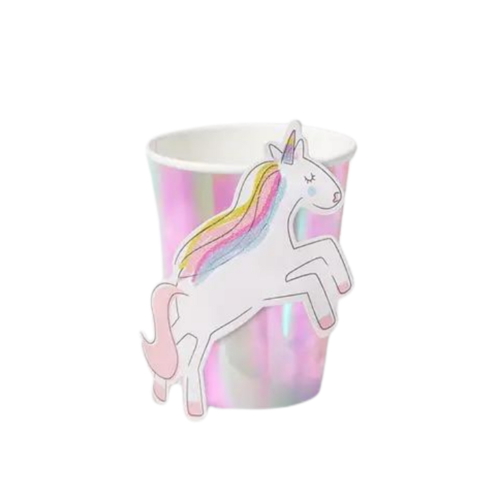 Iridescent unicorn paper cup with rainbow mane for birthday party from Parte Haus party supply store in Bethesda MD