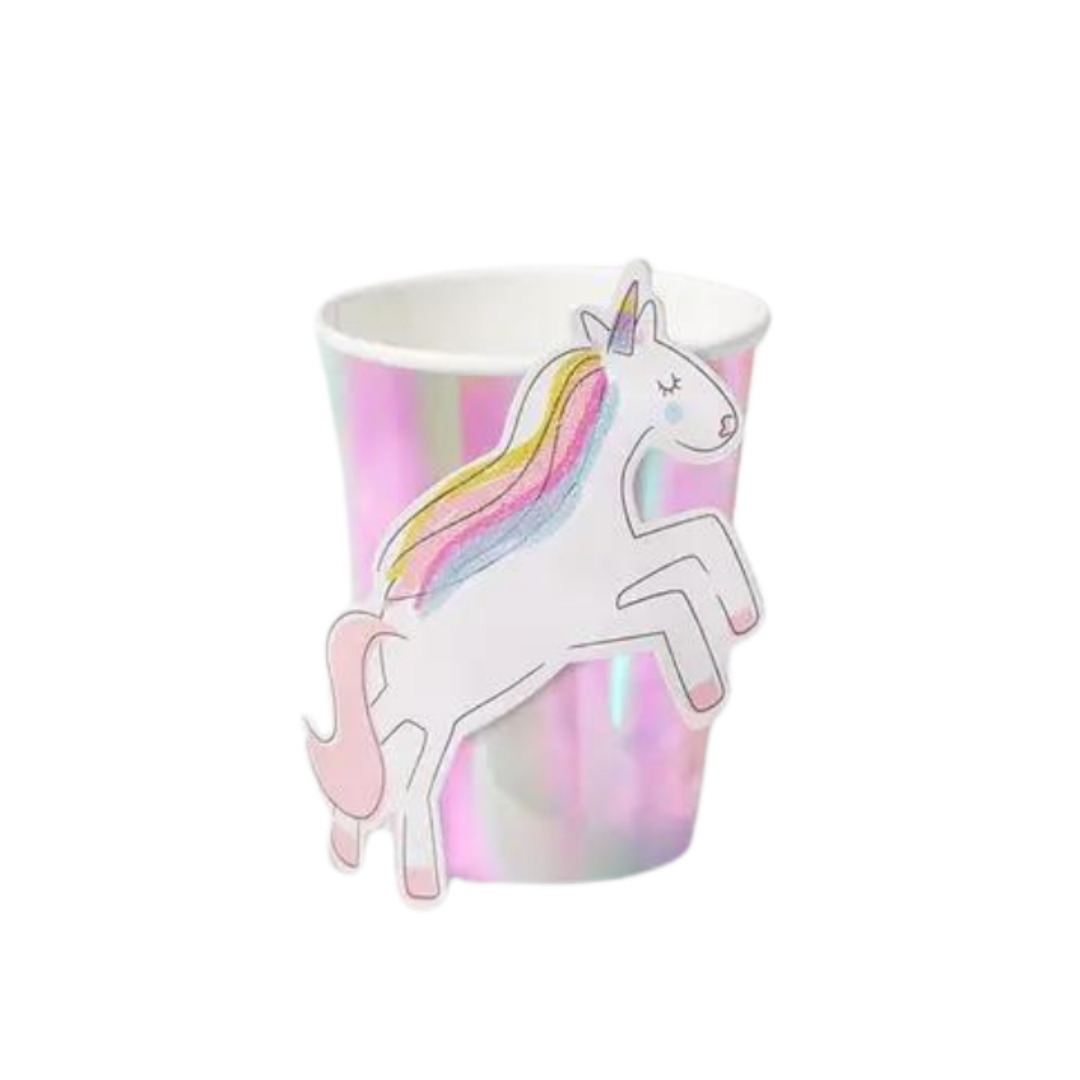Iridescent unicorn paper cup with rainbow mane for birthday party from Parte Haus party supply store in Bethesda MD