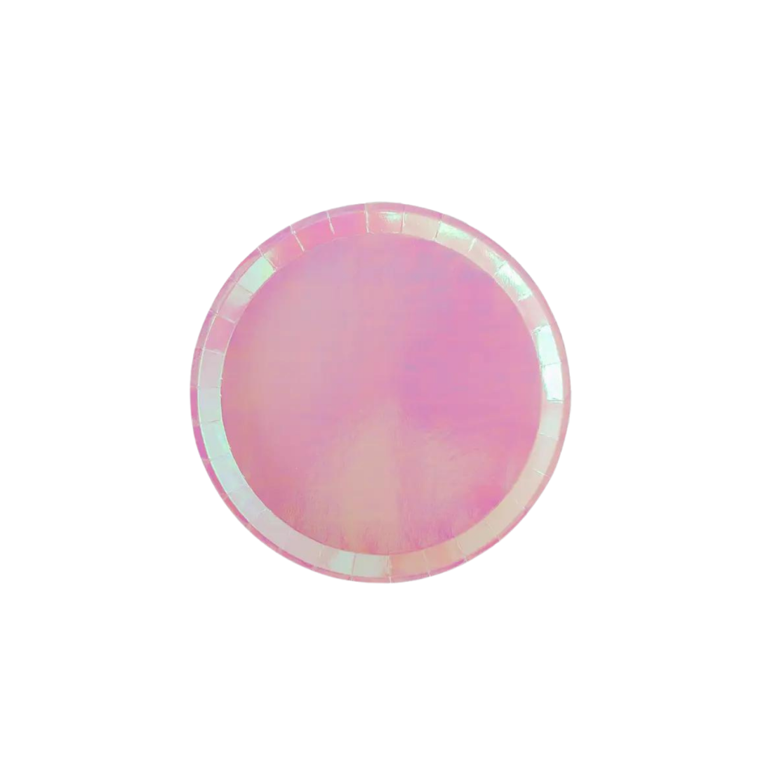 Pink iridescent paper plate with shiny finish for birthday from Parte Haus party supply store in Bethesda Maryland