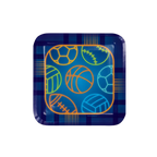 Blue sports themed paper plate with neon sports ball designs birthday from Parte Haus party supply store in Bethesda Maryland