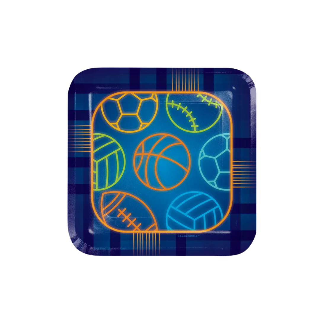 Blue sports themed paper plate with neon sports ball designs birthday from Parte Haus party supply store in Bethesda Maryland