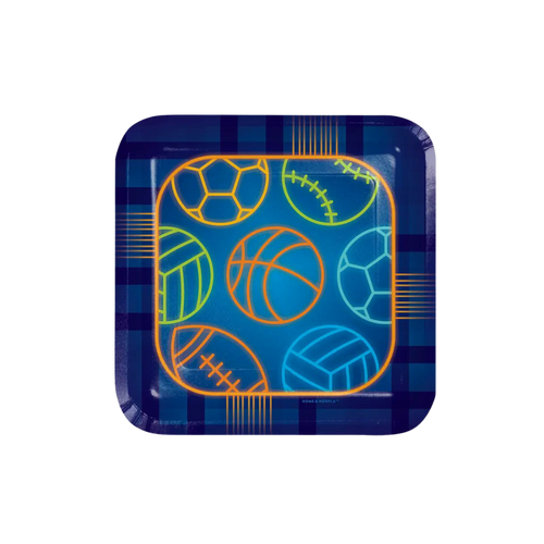 Blue sports themed paper plate with neon sports ball designs birthday from Parte Haus party supply store in Bethesda Maryland