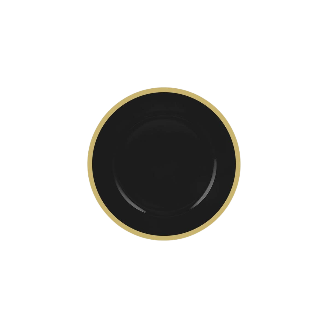 Black and gold round plate elegant modern tableware for birthday dinner from Parte Haus party supply store in Bethesda MD