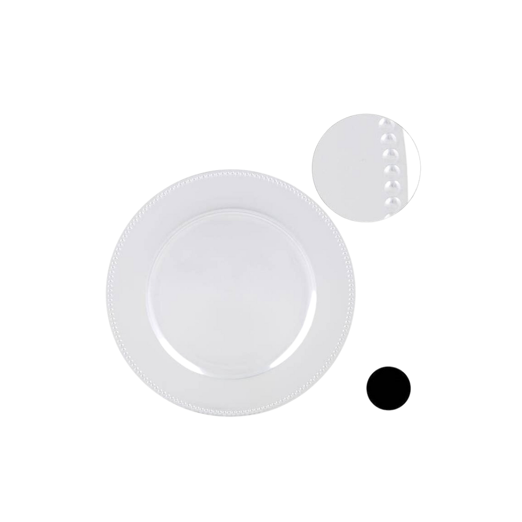 White beaded edge plastic plate elegant tableware for celebrations from Parte Haus party supply store in Bethesda Maryland