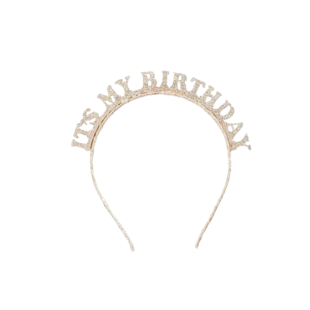 Gold birthday headband with glittery letters reading its my birthday birthday celebration from Parte Haus party supply store in Bethesda Maryland