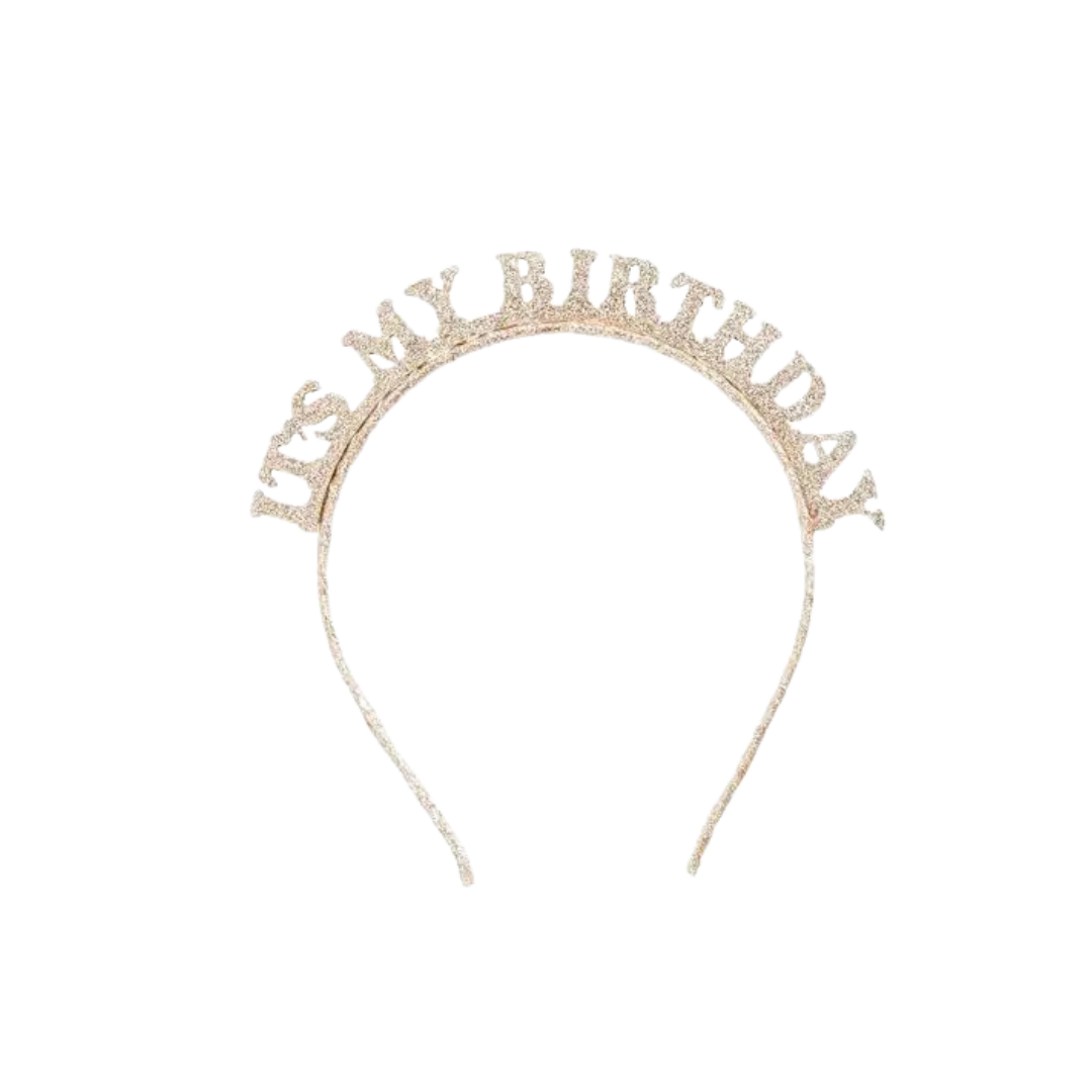 Gold birthday headband with glittery letters reading its my birthday birthday celebration from Parte Haus party supply store in Bethesda Maryland
