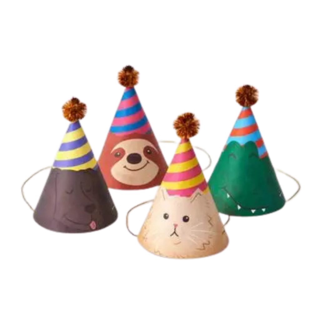 Multicolor animal face paper birthday hats with pom-poms kids birthday from Parte Haus party supply store in Bethesda MD