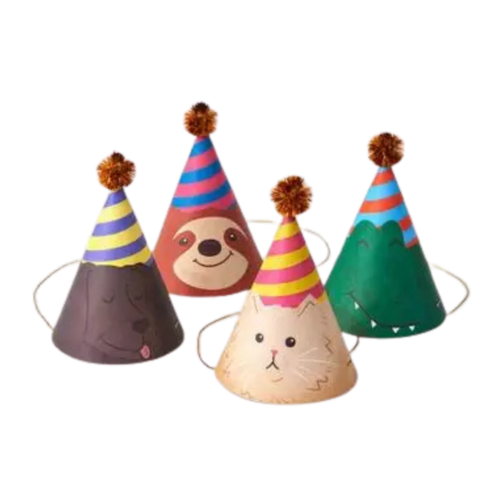 Multicolor animal face paper birthday hats with pom-poms kids birthday from Parte Haus party supply store in Bethesda MD