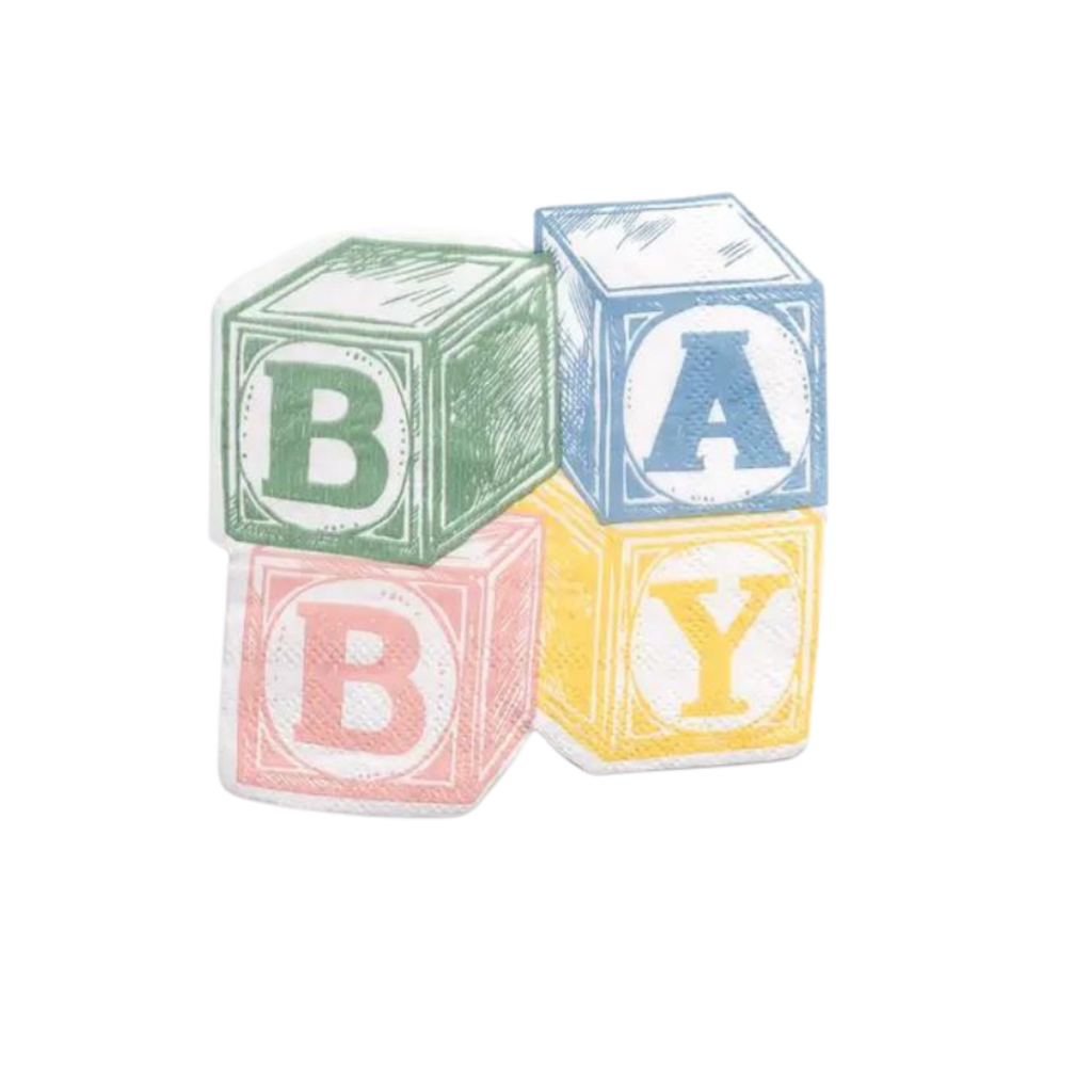 multicolor baby block napkin with baby shower theme from Parte Haus party supply store in Bethesda Maryland
