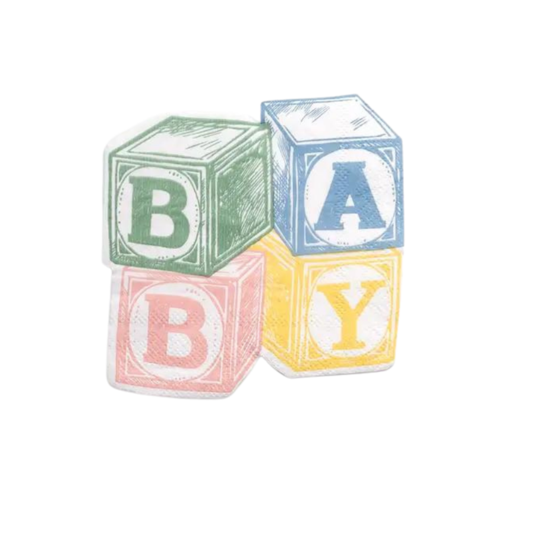 multicolor baby block napkin with baby shower theme from Parte Haus party supply store in Bethesda Maryland