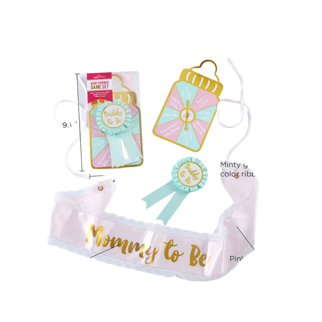 Mint and pink baby shower game set with mommy to be sash from Parte Haus party supply store in Bethesda MD