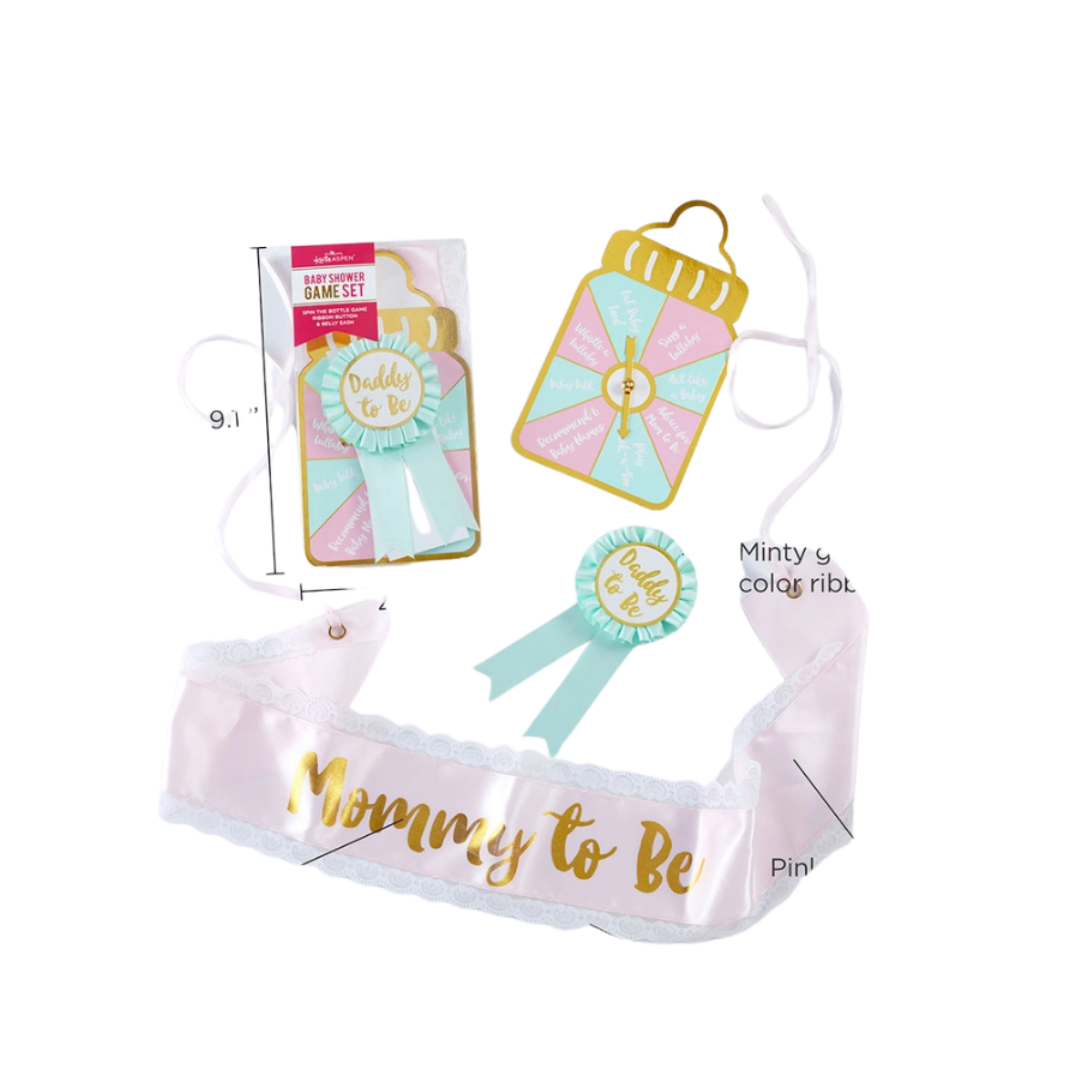 Mint and pink baby shower game set with mommy to be sash from Parte Haus party supply store in Bethesda MD