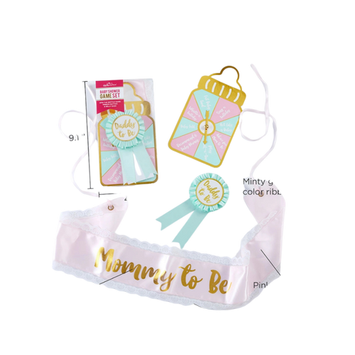 Mint and pink baby shower game set with mommy to be sash from Parte Haus party supply store in Bethesda MD