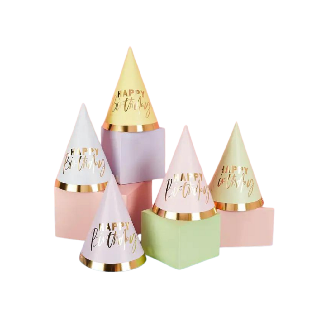 Pastel cone Birthday hats with gold trim for birthday celebration from Parte Haus party supply store in Bethesda Maryland