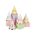 Pastel cone Birthday hats with gold trim for birthday celebration from Parte Haus party supply store in Bethesda Maryland