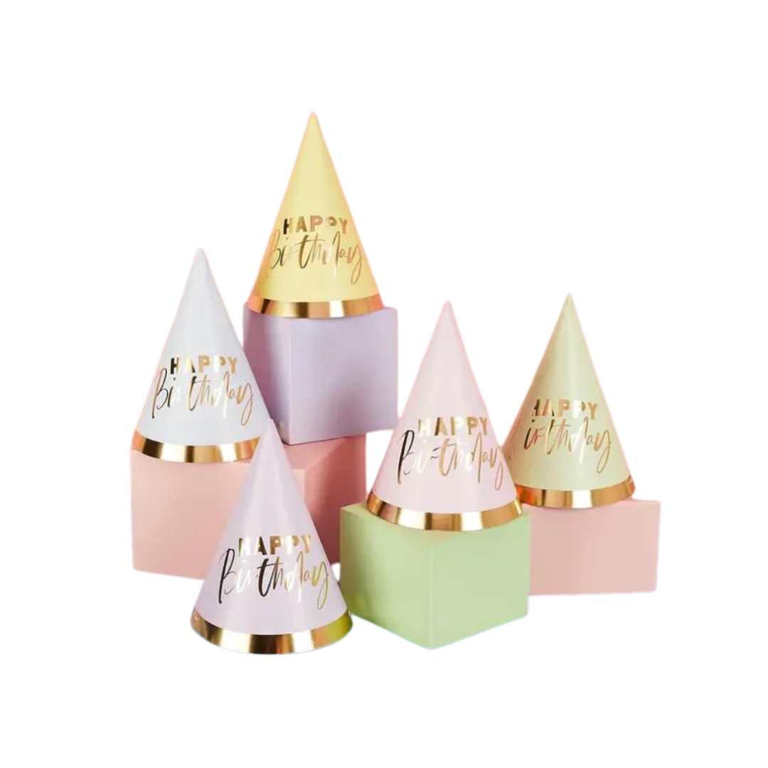 Pastel cone Birthday hats with gold trim for birthday celebration from Parte Haus party supply store in Bethesda Maryland