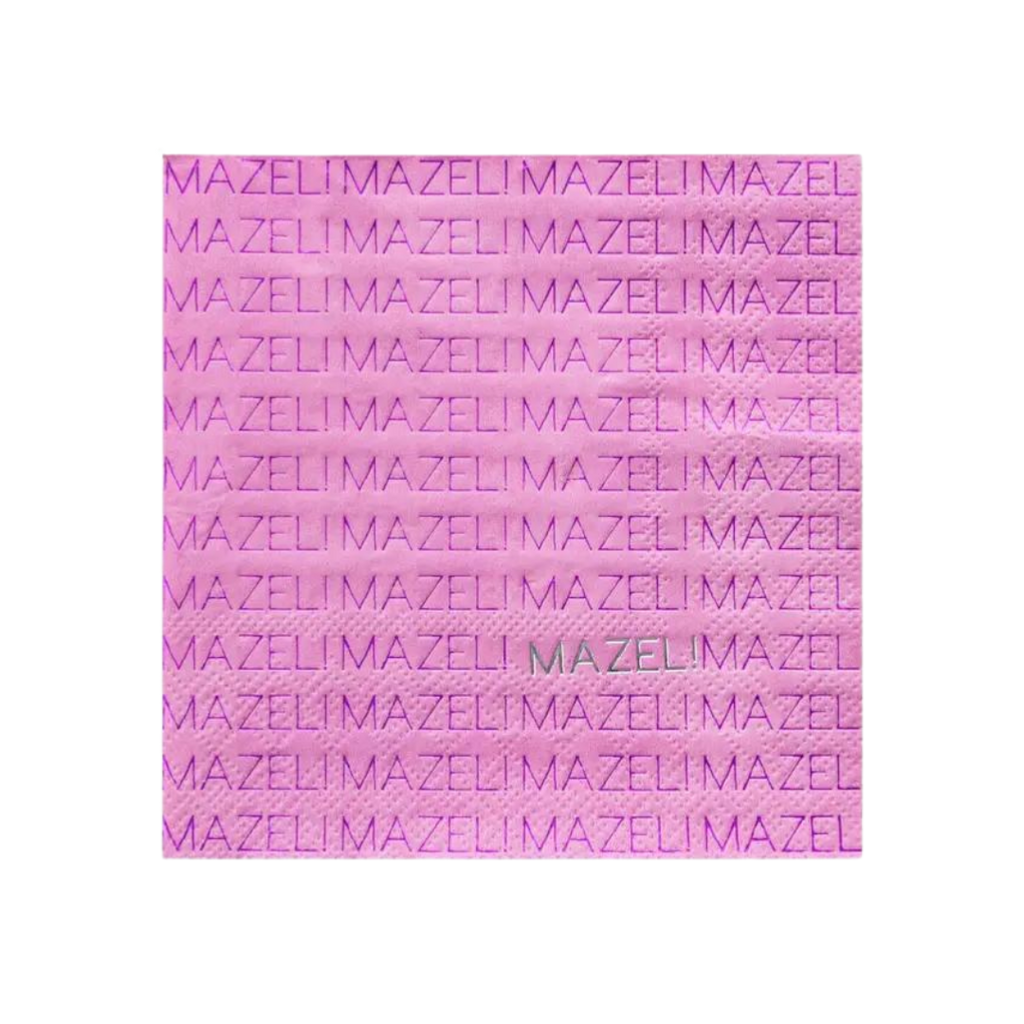 Pink napkin with repeated Mazel text modern bar mitzvah decoration from Parte Haus party supply store in Bethesda MD