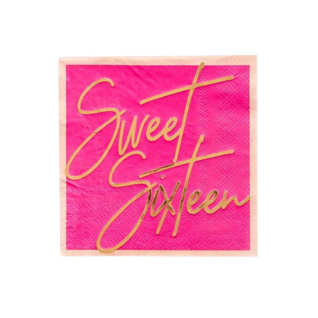 Pink Sweet Sixteen napkin with gold script for birthday celebration from Parte Haus party supply store in Bethesda MD.
