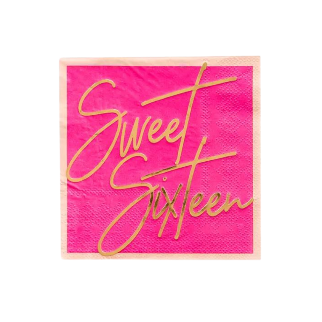 Pink Sweet Sixteen napkin with gold script for birthday celebration from Parte Haus party supply store in Bethesda MD.