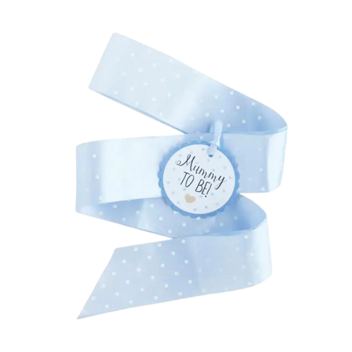 Light blue badge sash with white polka dots for baby shower from Parte Haus party supply store in Bethesda MD.