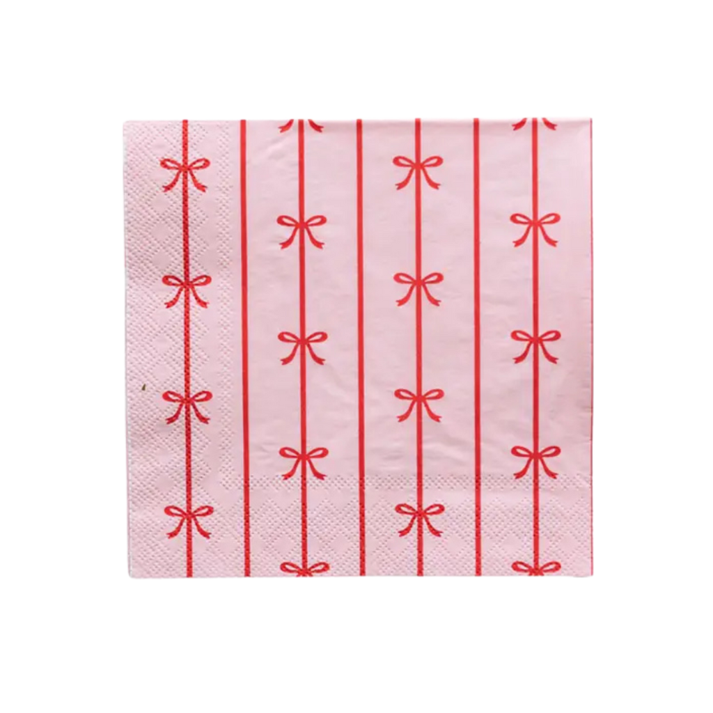 Pink and red napkin featuring ribbon bow design birthday or baby shower from Parte Haus party supply store in Bethesda MD