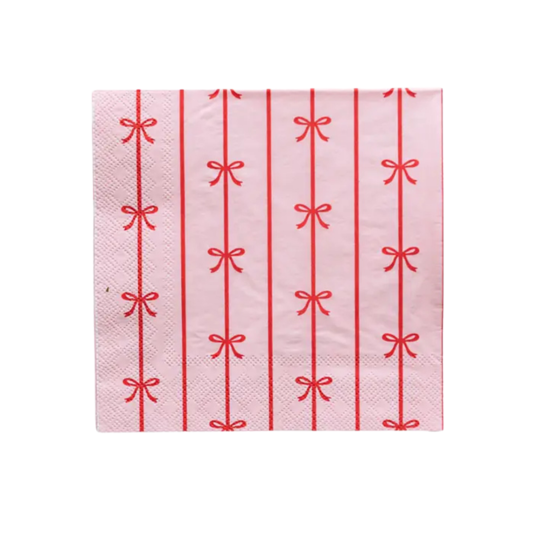 Pink and red napkin featuring ribbon bow design birthday or baby shower from Parte Haus party supply store in Bethesda MD