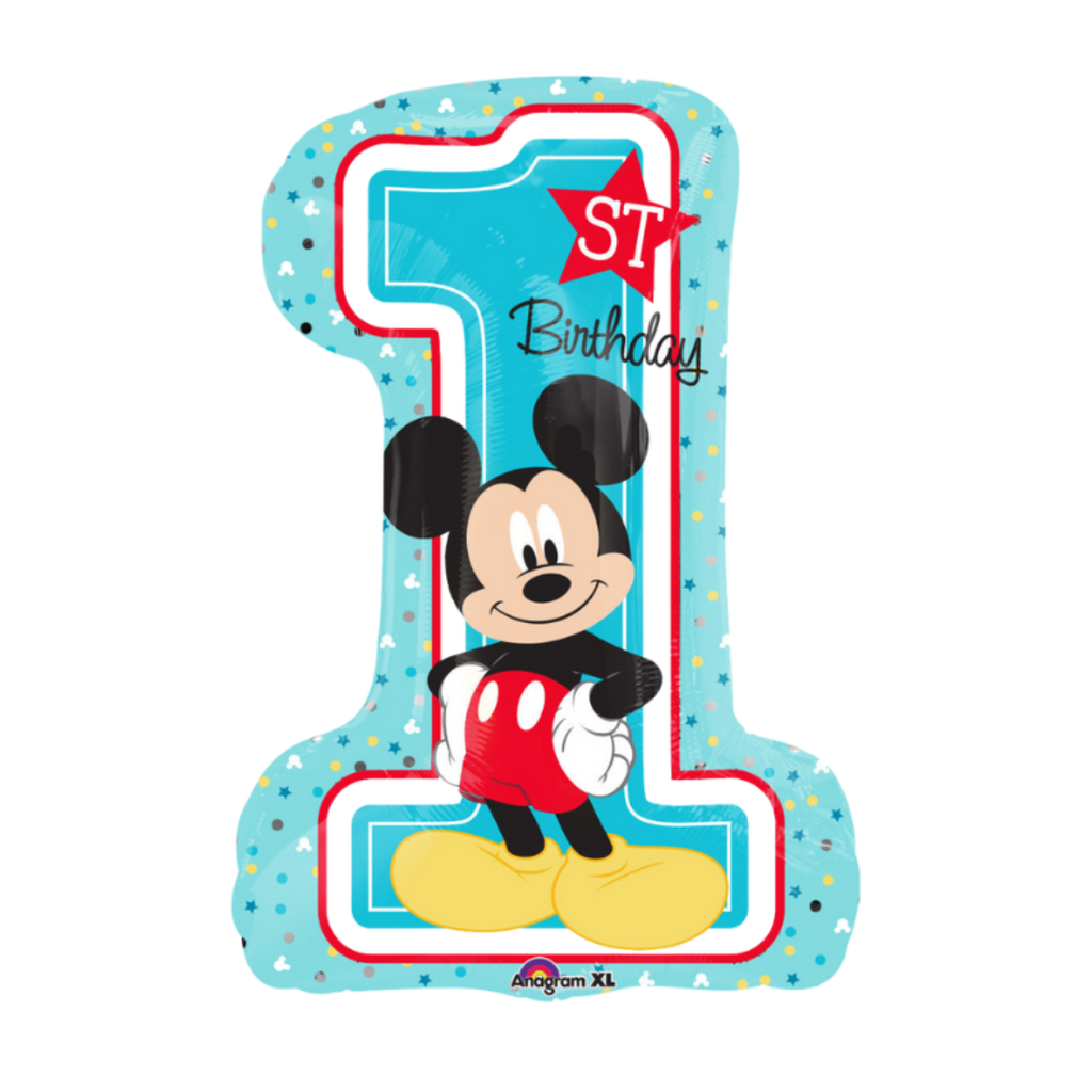 Blue number one balloon with cartoon mouse character for first birthday from Parte Haus party supply store in Bethesda MD