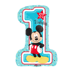 Blue number one balloon with cartoon mouse character for first birthday from Parte Haus party supply store in Bethesda MD