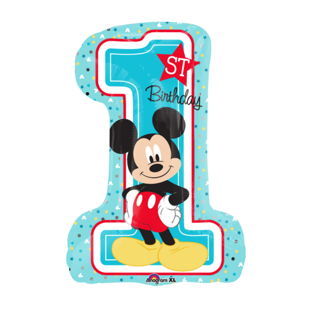 Blue number one balloon with cartoon mouse character for first birthday from Parte Haus party supply store in Bethesda MD