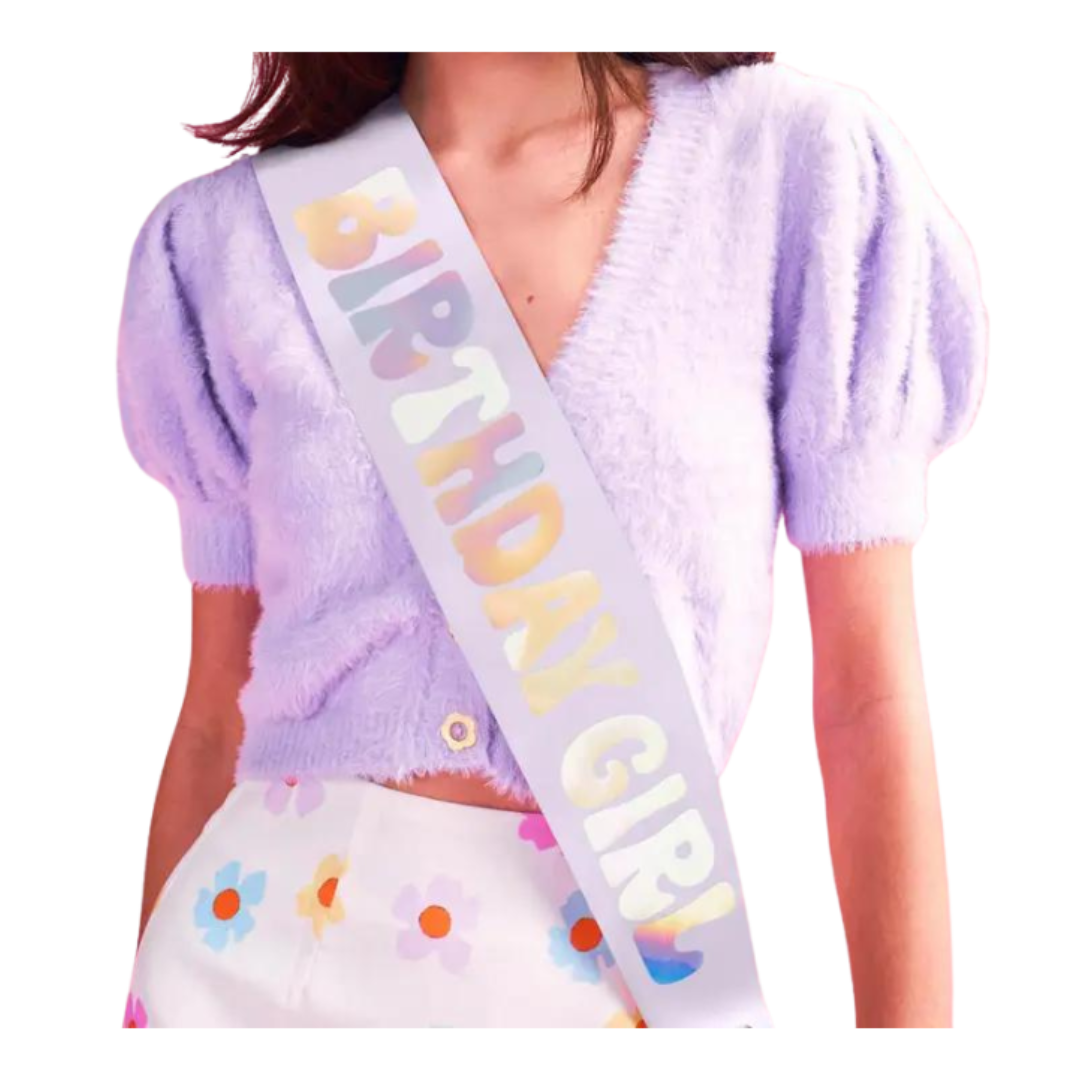 Pastel birthday sash with Birthday Girl text for birthday from Parte Haus party supply store in Bethesda MD