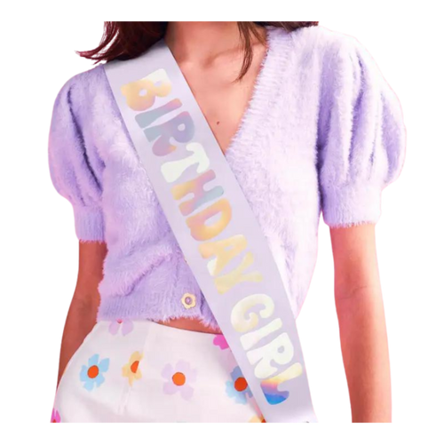 Pastel birthday sash with Birthday Girl text for birthday from Parte Haus party supply store in Bethesda MD