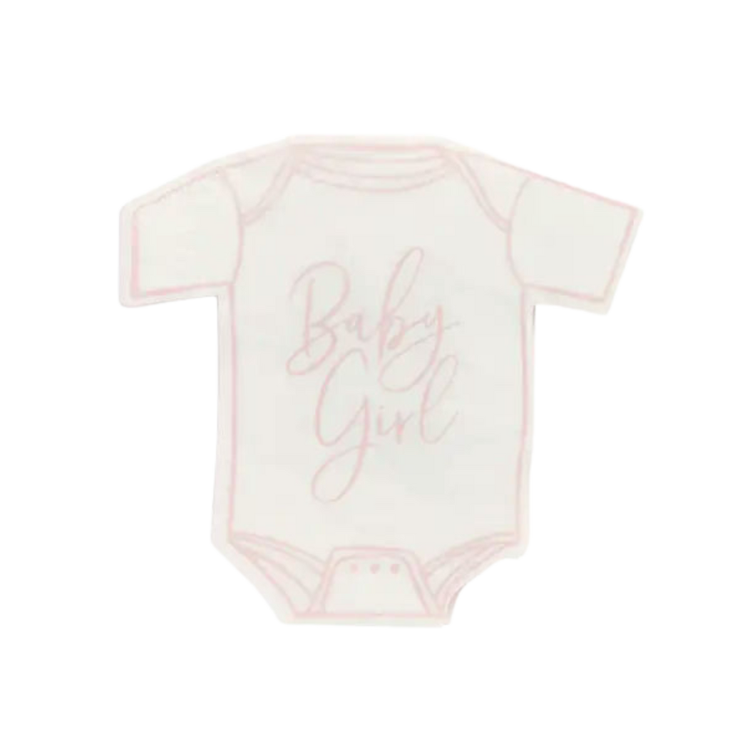 Pink baby girl onesie shaped napkin for baby shower from Parte Haus party supply store in Bethesda MD