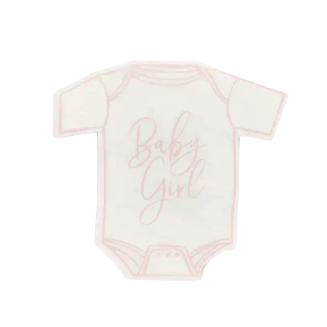 Pink baby girl onesie shaped napkin for baby shower from Parte Haus party supply store in Bethesda MD