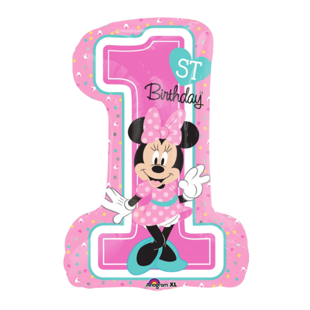 Pink number one balloon with Minnie Mouse and polka dots first birthday from Parte Haus party supply store in Bethesda MD.