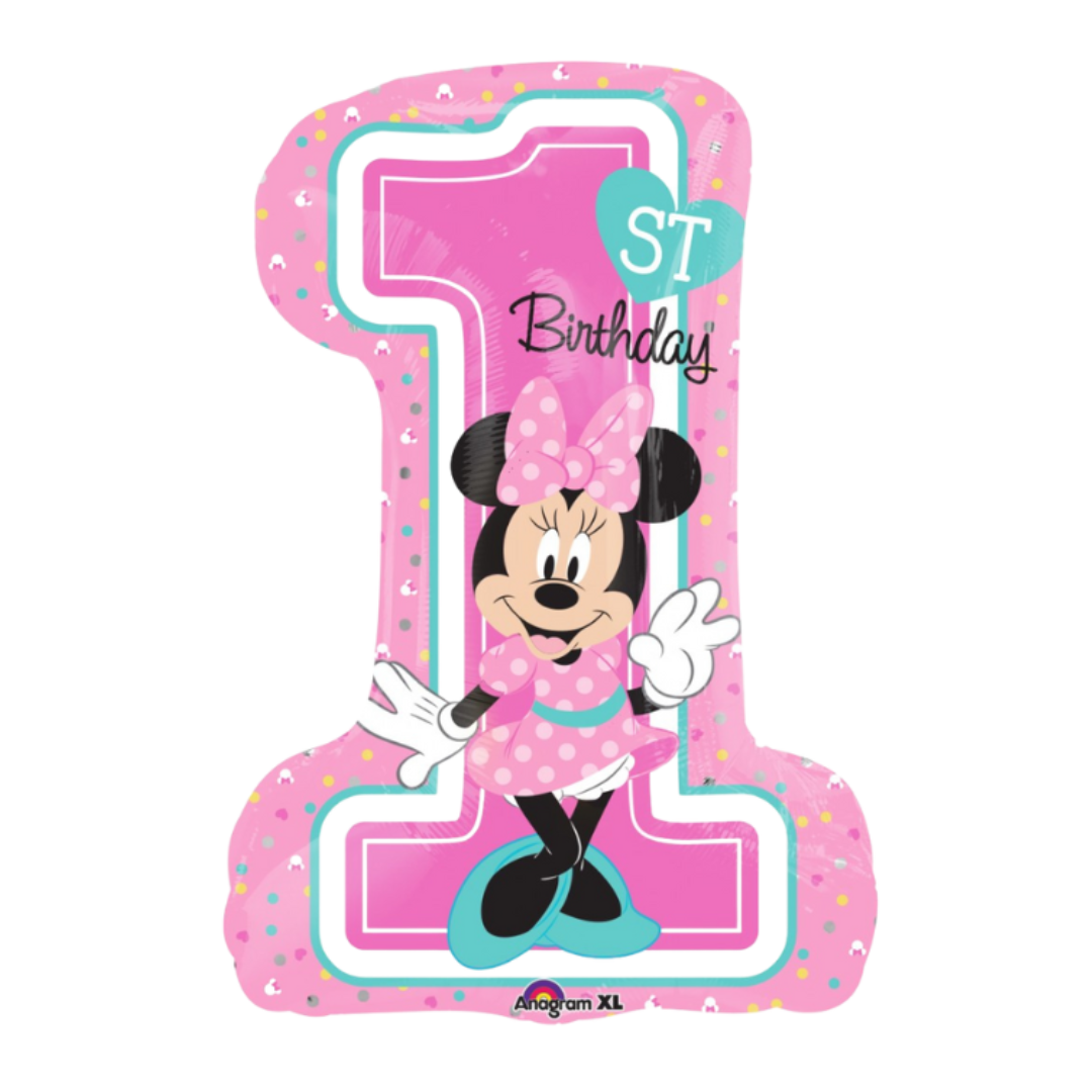 Pink number one balloon with Minnie Mouse and polka dots first birthday from Parte Haus party supply store in Bethesda MD.