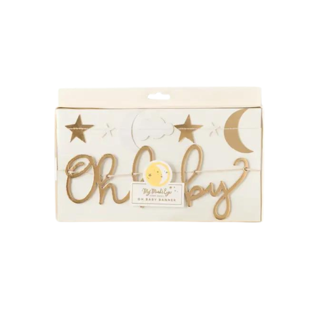 Gold Oh Baby banner with stars and moon baby shower decoration from Parte Haus party supply store in Bethesda MD