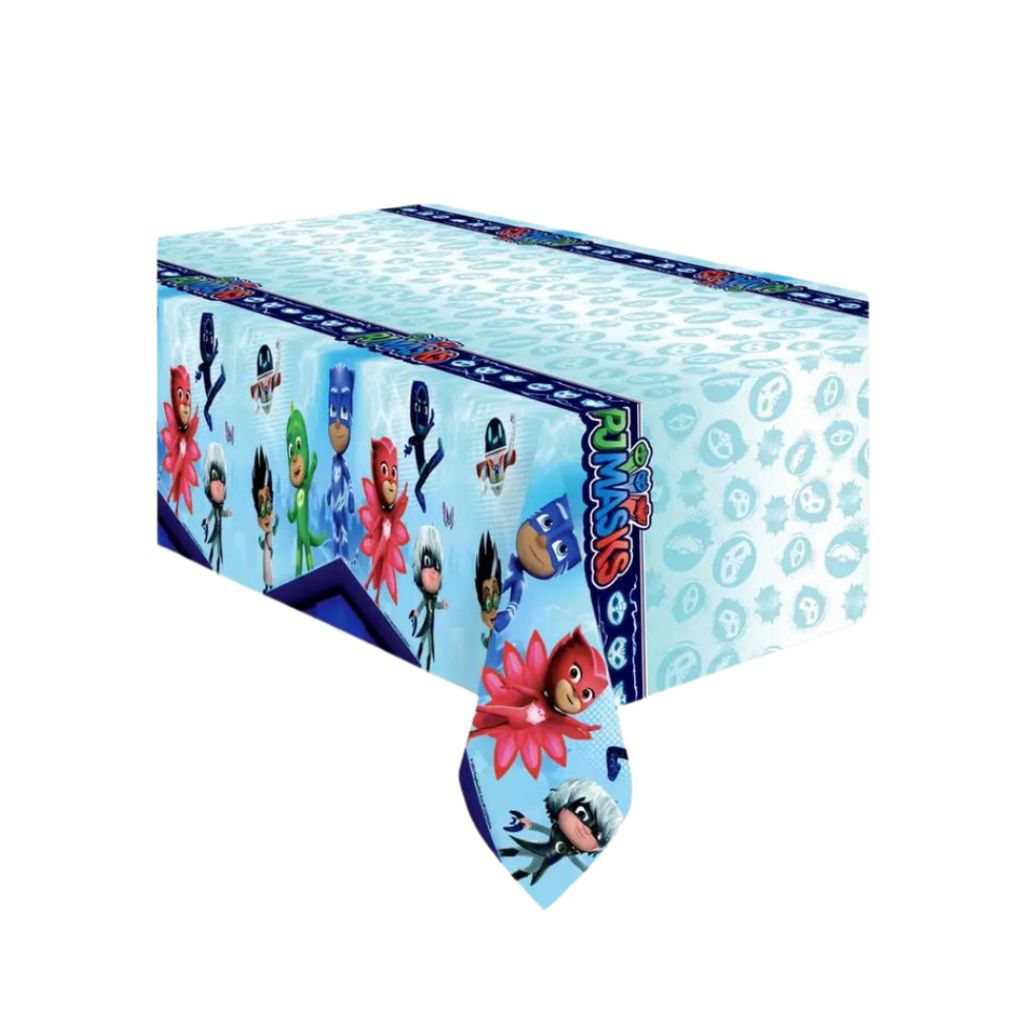 Blue PJ Masks table cover with cartoon characters birthday theme from Parte Haus party supply store in Bethesda Maryland